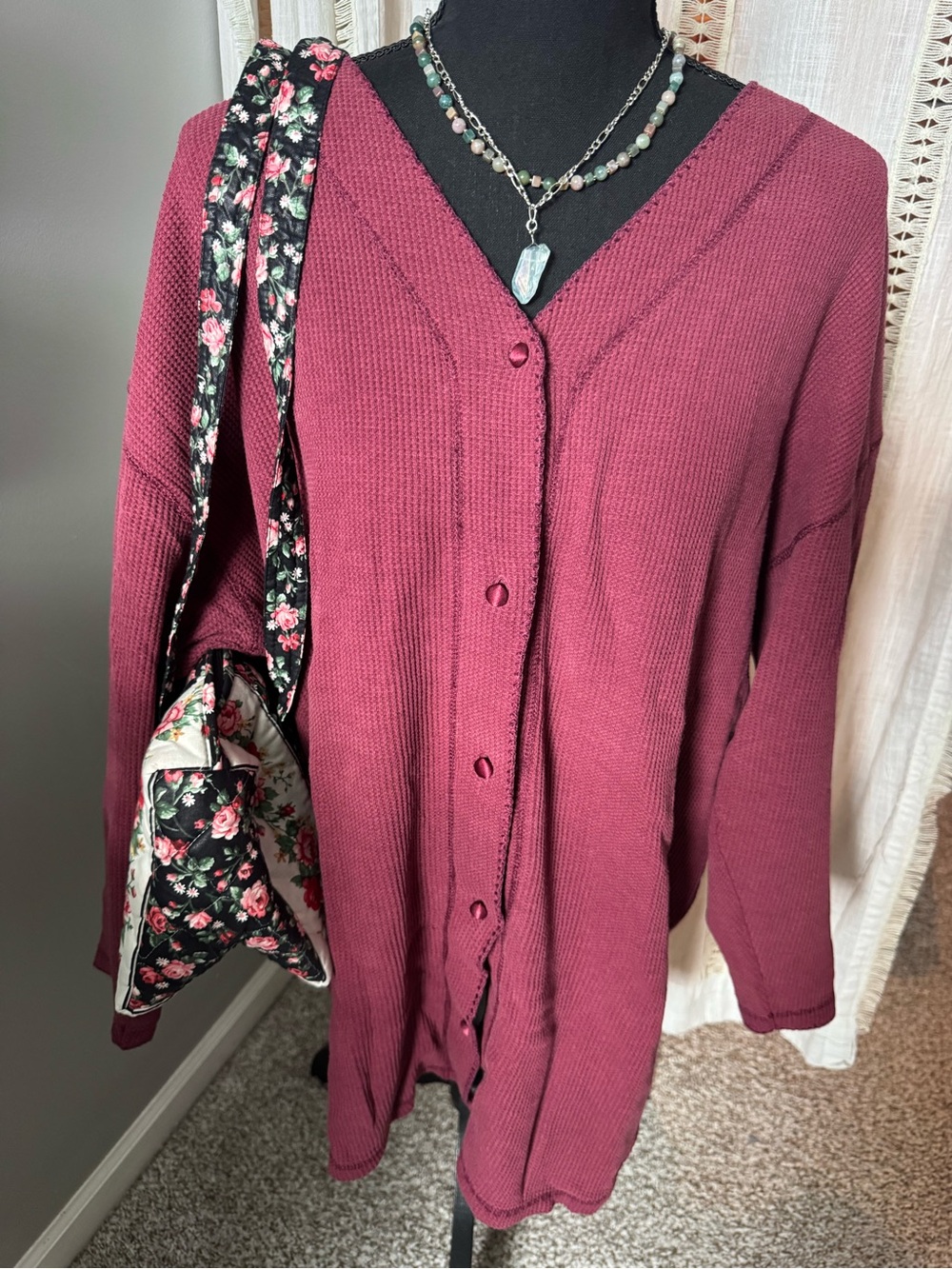Victoria's Secret Button-Front Waffle Knit Cardigan, Burgundy and Oversized